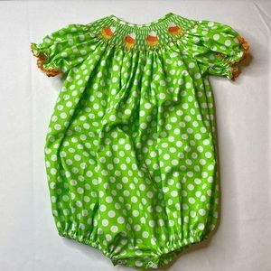 Classic whimsy smocked green polka dot bubble